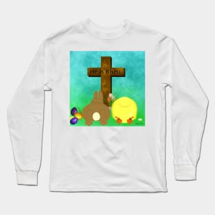 He Is Risen! The Easter Bunny and Chick Bow to Cross Long Sleeve T-Shirt